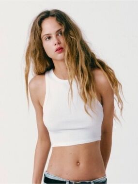 Zara White Ribbed Crop Tank - Sleeveless Crew Neck